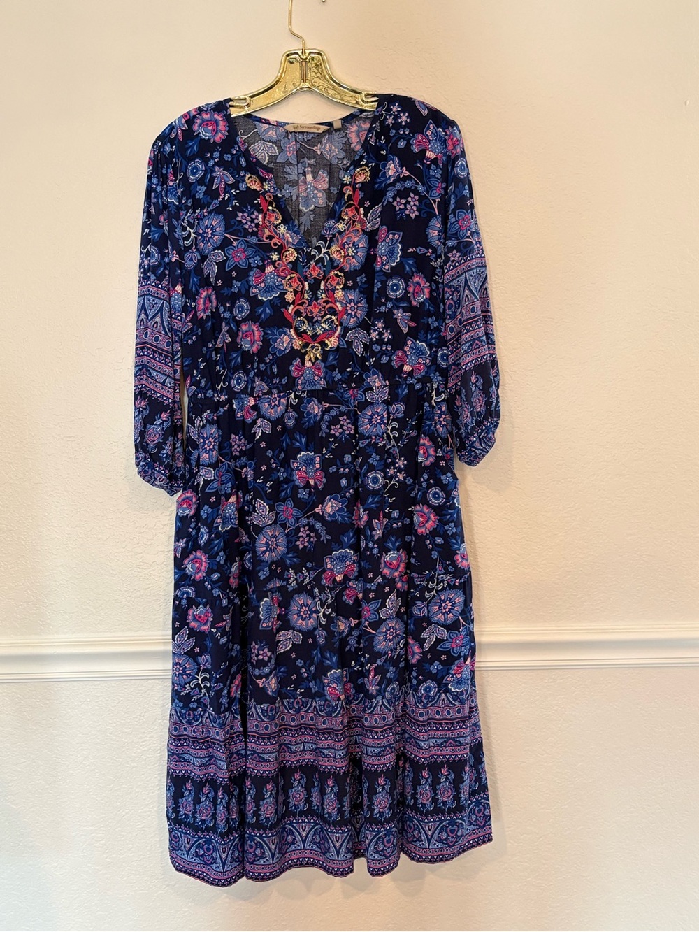Soft Surroundings Jordana LP Dress Blue Floral Embroidered Sequined Large Petite - Picture 4 of 13